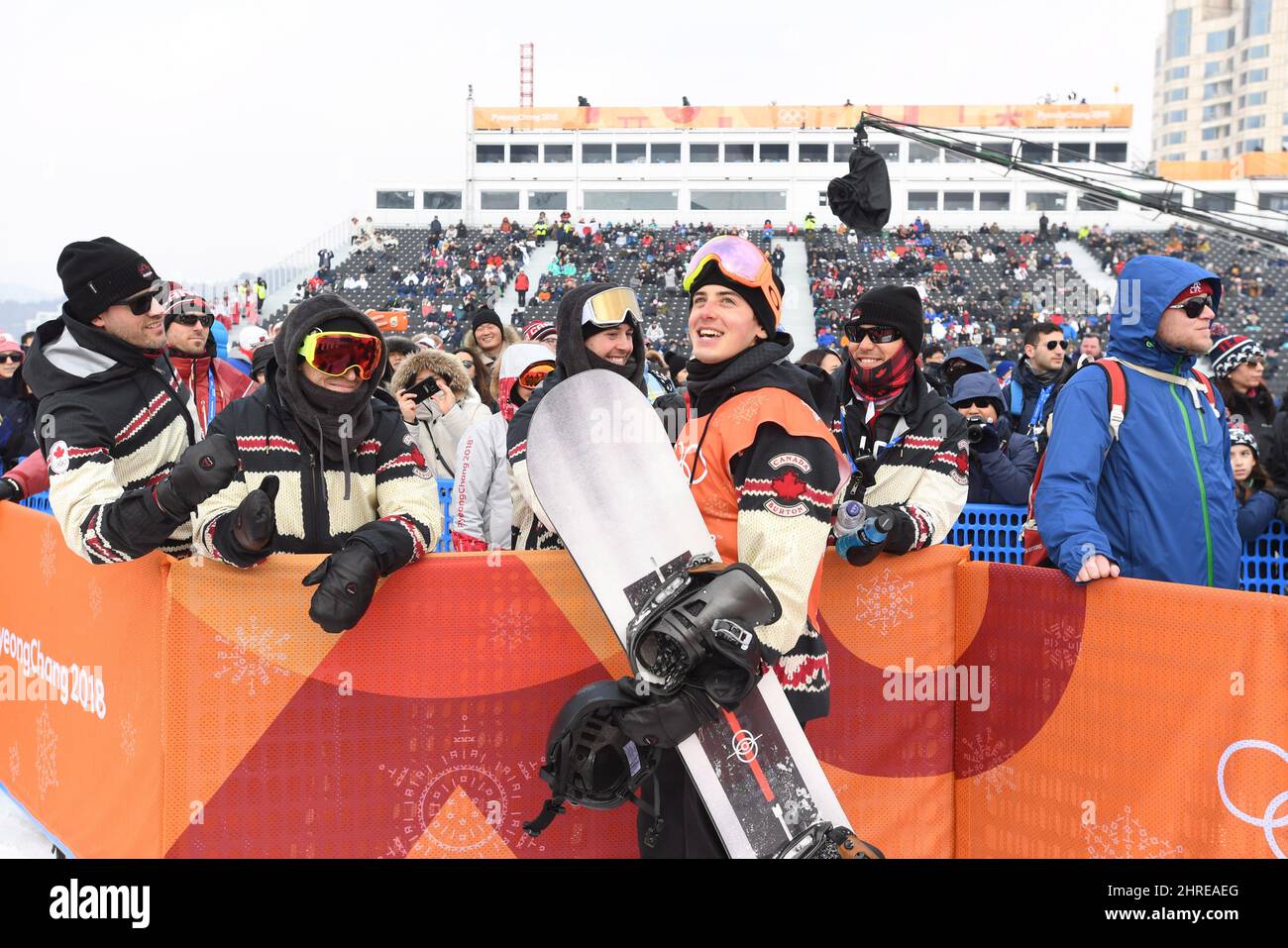 Canada's Mark McMorris of Regina celebrates after completing his first