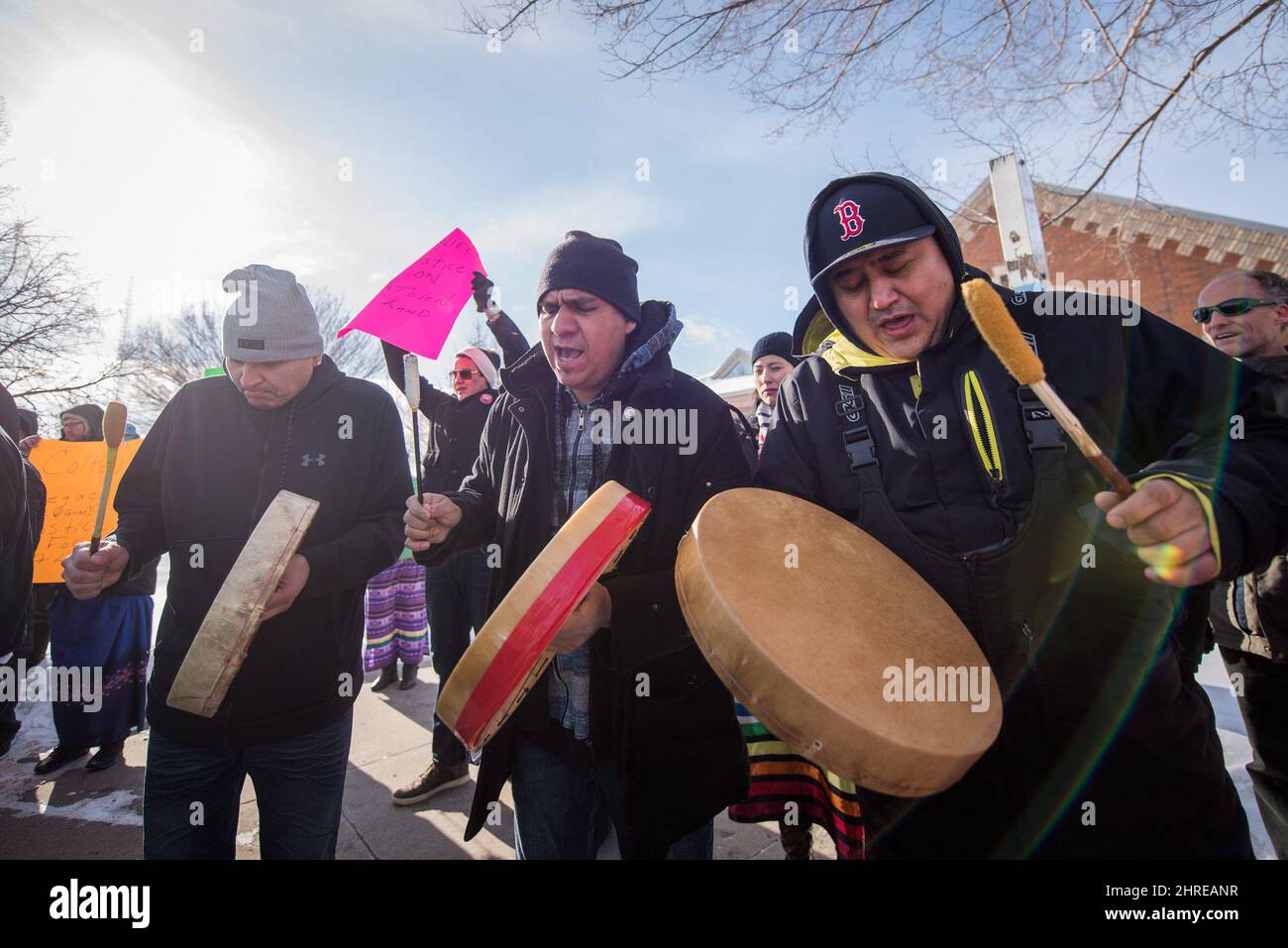 Demonstrators gather outside of the courthouse in North Battleford, Sask., on Saturday, February 10, 2018. THE CANADIAN PRESS/Matt Smith Stock Photo