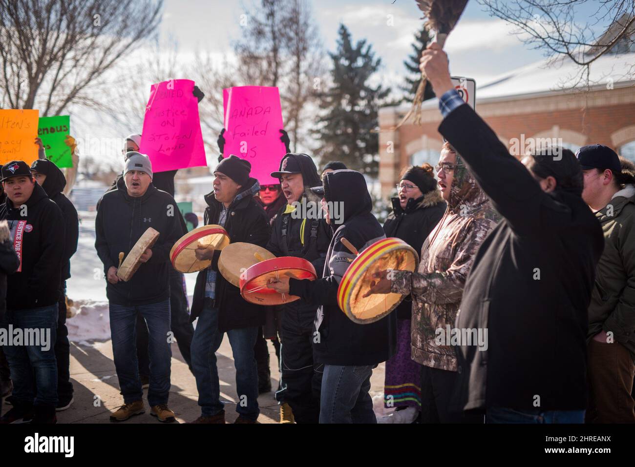 Demonstrators gather outside of the courthouse in North Battleford, Sask., on Saturday, February 10, 2018. THE CANADIAN PRESS/Matt Smith Stock Photo