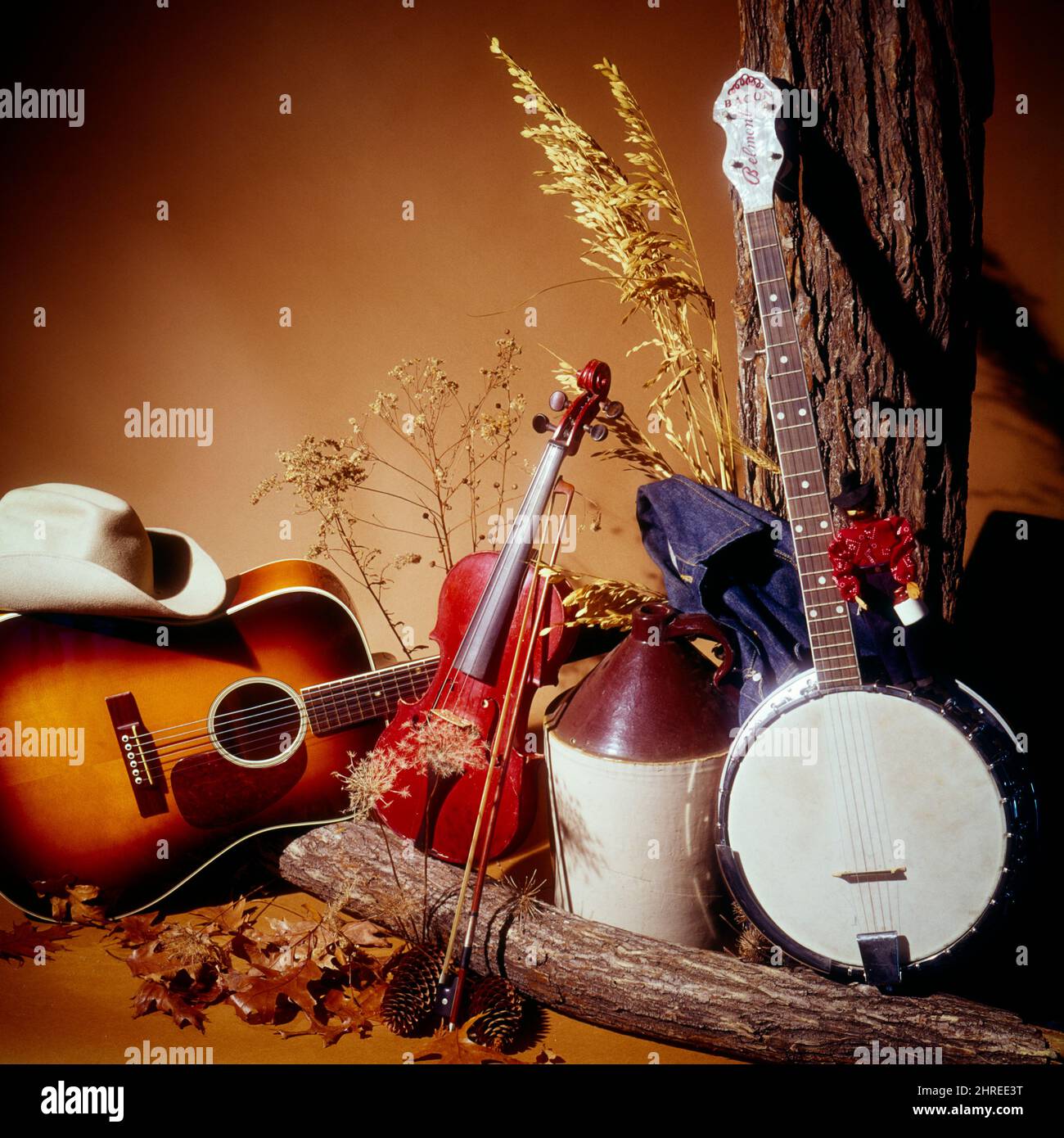 1970s COUNTRY AND WESTERN MUSICAL INSTRUMENTS MOTIF BANJO GUITAR FIDDLE COWBOY HAT OLD MOONSHINE JUG BLUE JEAN JACKET BANDANA - km2934 PHT001 HARS AND RECREATION TREE TRUNK BANDANA FIDDLE OCCUPATIONS MUSICAL INSTRUMENT BANJO CONCEPTUAL STILL LIFE STYLISH MOONSHINE MUSICAL INSTRUMENTS JUG TREE BARK BLUEGRASS CREATIVITY JEAN ROOTS MOTIF OLD FASHIONED Stock Photo