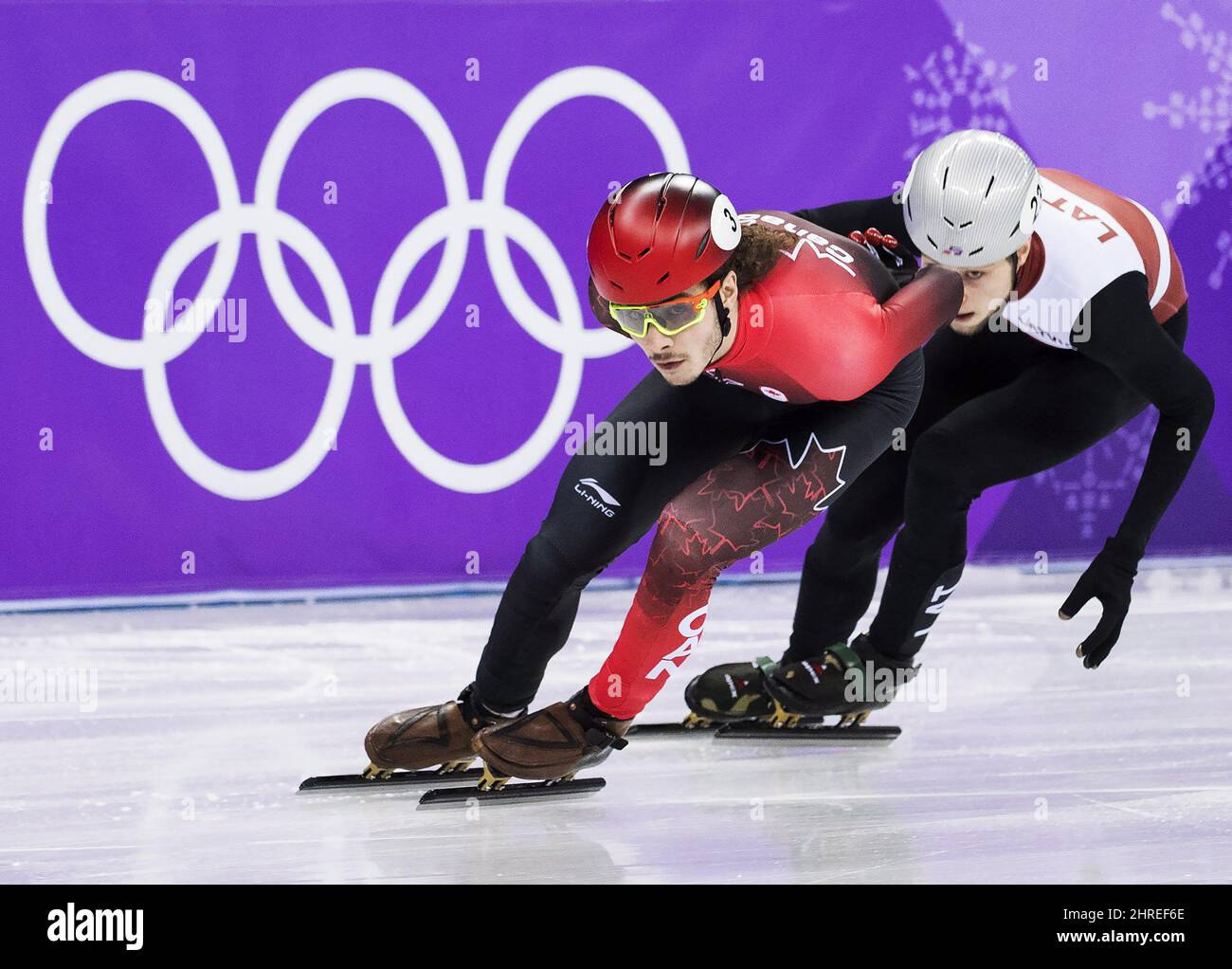 Samuel Girard, left, of Canada, competes in the heart two of the men's 500m short  track speed skating during the 2018 Olympic Winter Games in Gangneung,  South Korea on Tuesday, February 20,