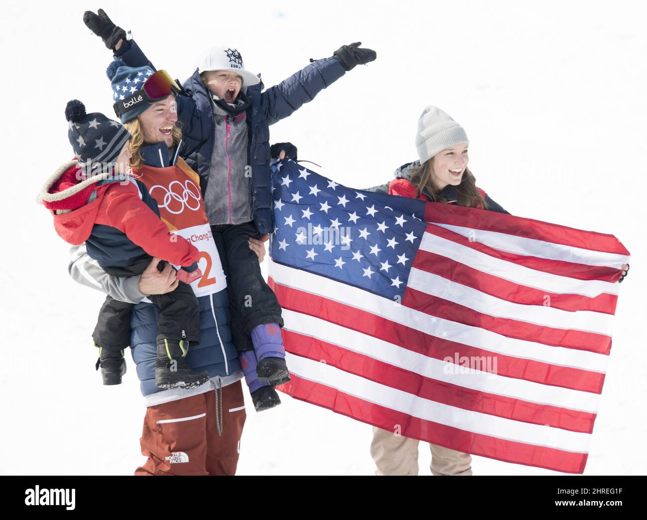 Gold medal winner David Wise, of the United States, celebrates with his