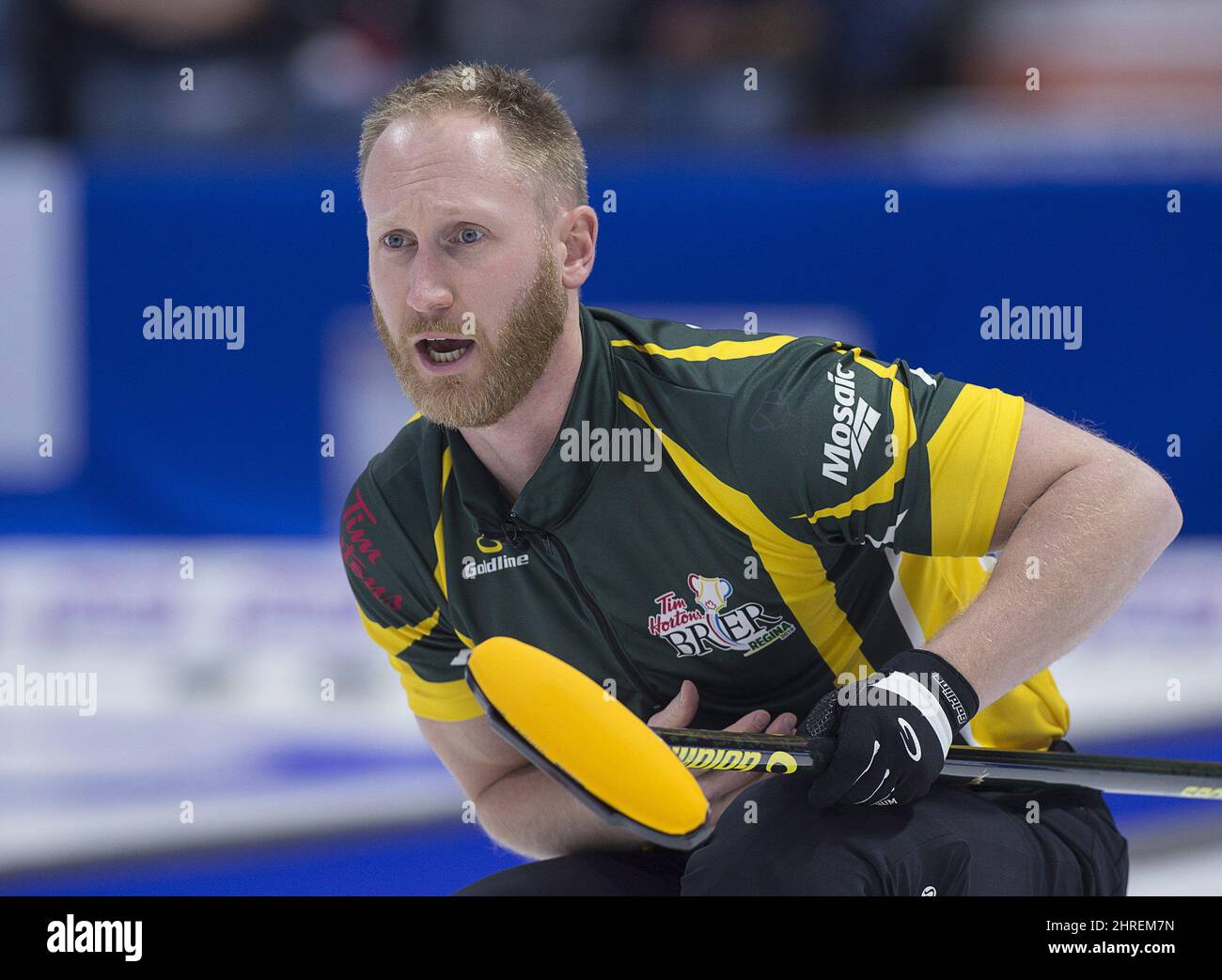 Northern Ontario skip Brad jacobs follows a rock as they play Alberta