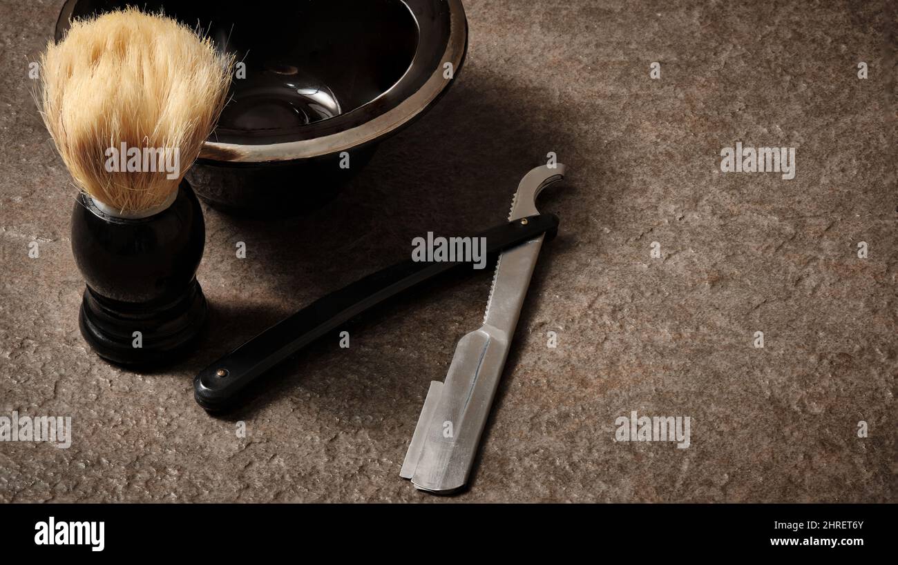 Barber tools on stone tabletop Stock Photo - Alamy