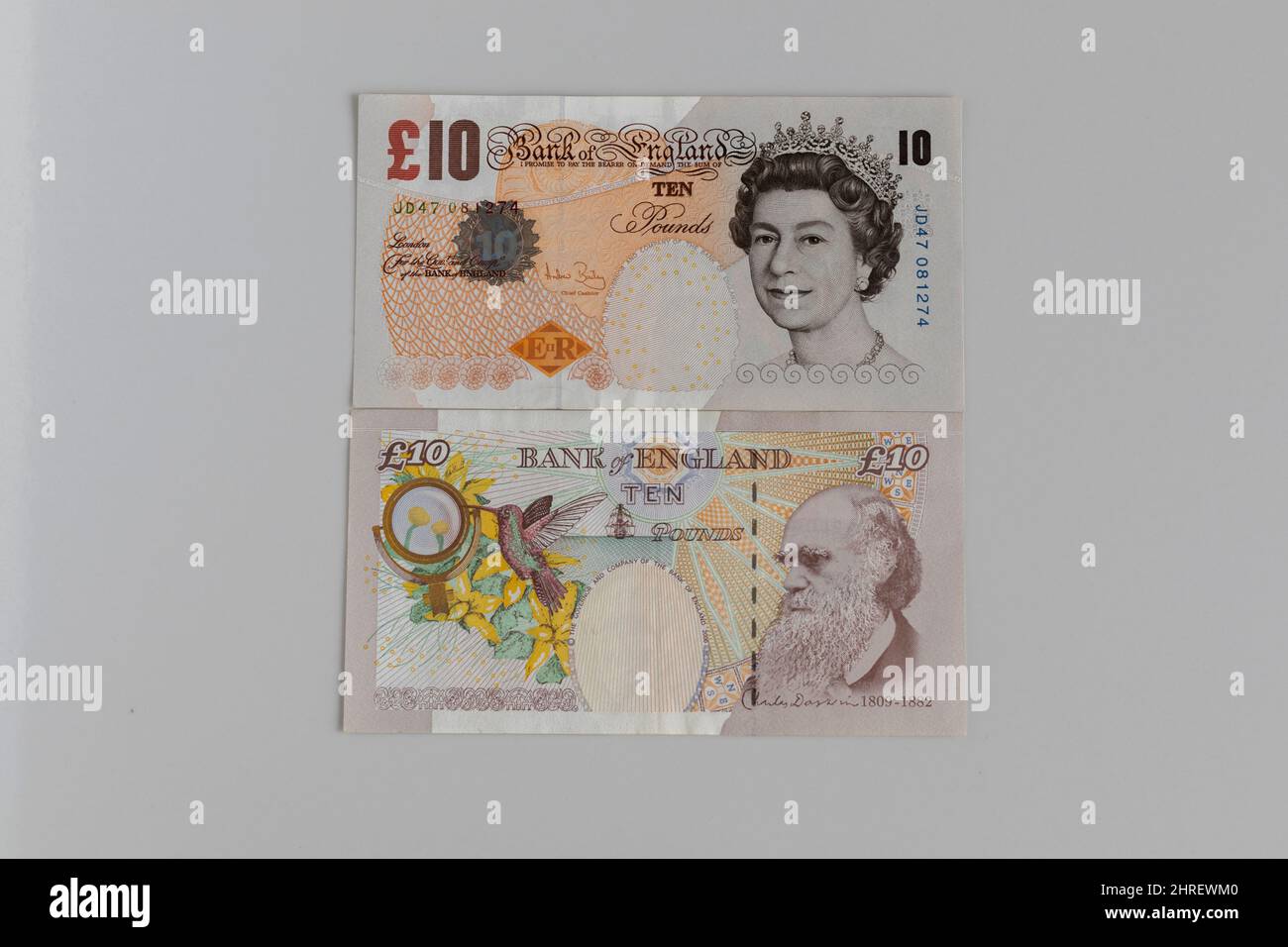 Bank of England £10 tenner note with front and back two sided note Stock Photo