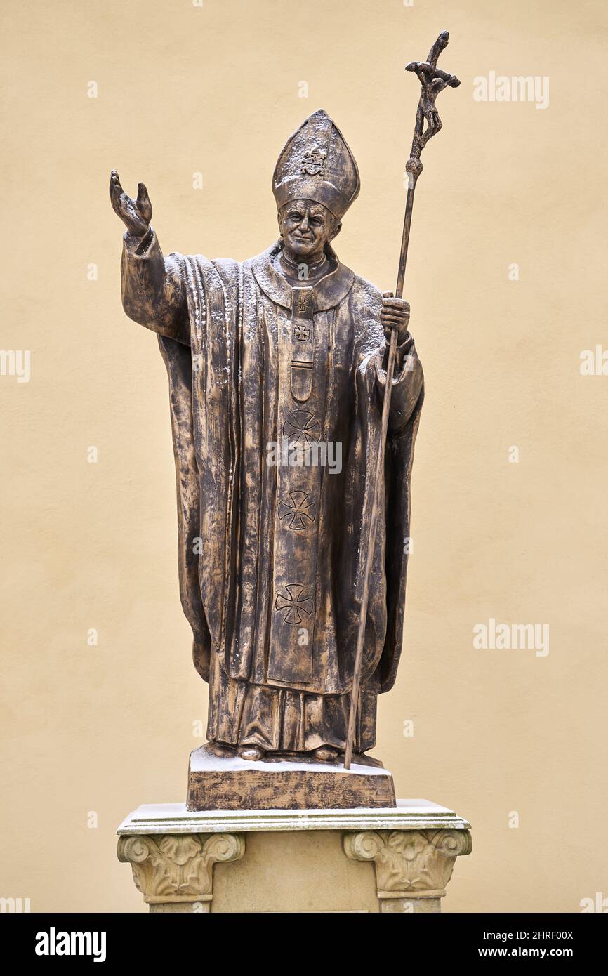 Sculpture of the holy pope Jan Pawel the second close by the Skull Chapel Stock Photo