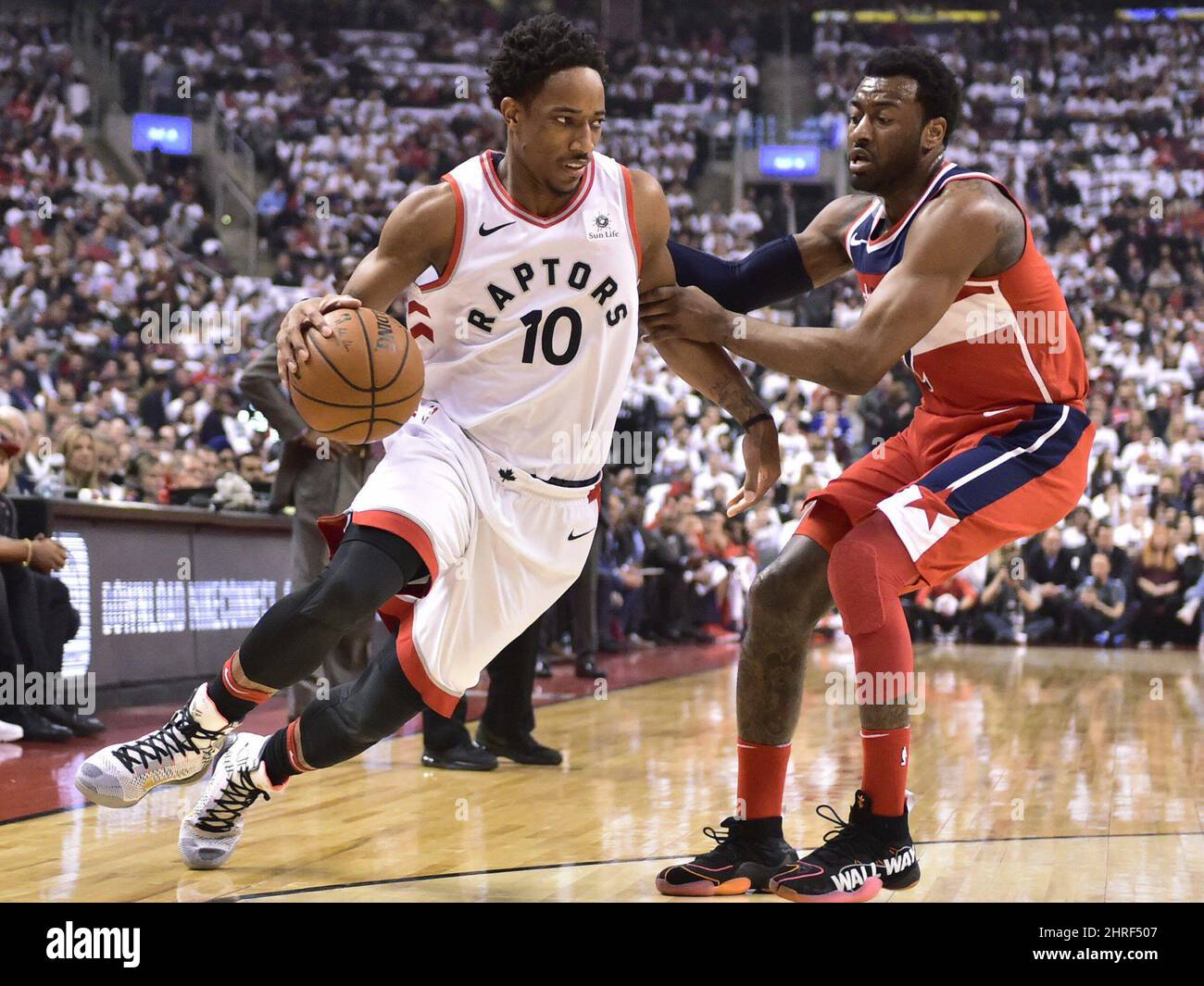 Toronto Raptors' DeMar DeRozan drives towards the net against