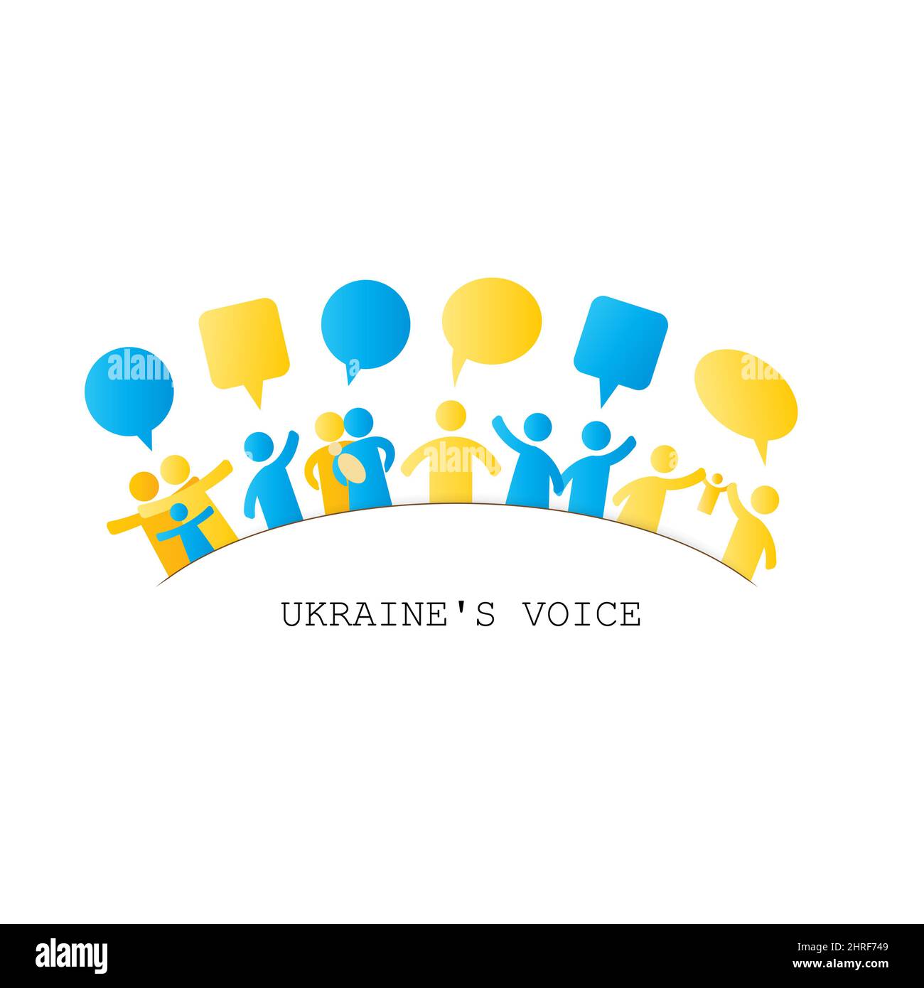 Together with Ukraine. A simple illustration with people in the form of icons, symbols showing solidarity with Ukraine and asking for help. No war Stock Photo