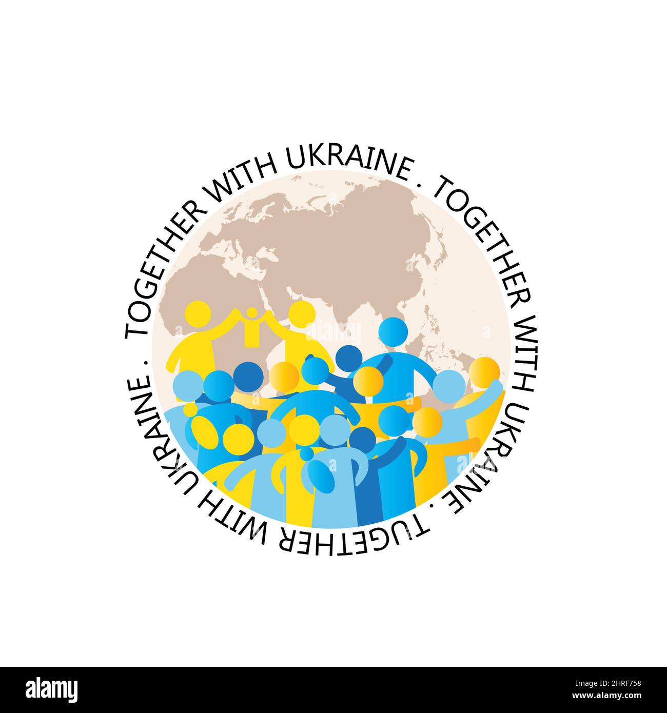 Together with Ukraine. A simple illustration with people in the form of icons, symbols showing solidarity with Ukraine and asking for help. No war Stock Photo
