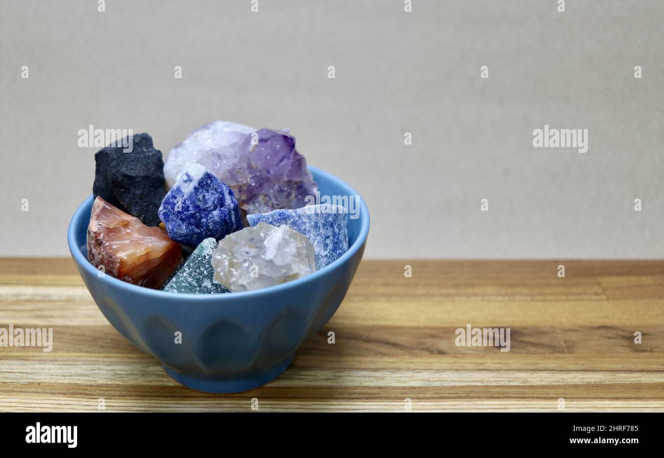 Closeup of the colorful gemstones in the bowl. Stock Photo