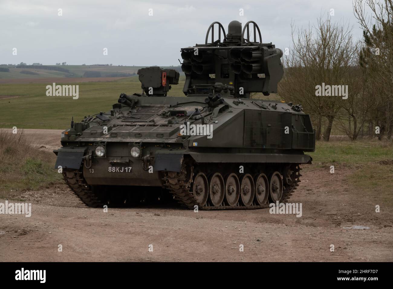 British Army Alvis Stormer Starstreak CVR-T tracked armoured vehicle equipped with short range air defense high-velocity missile system in action on a Stock Photo