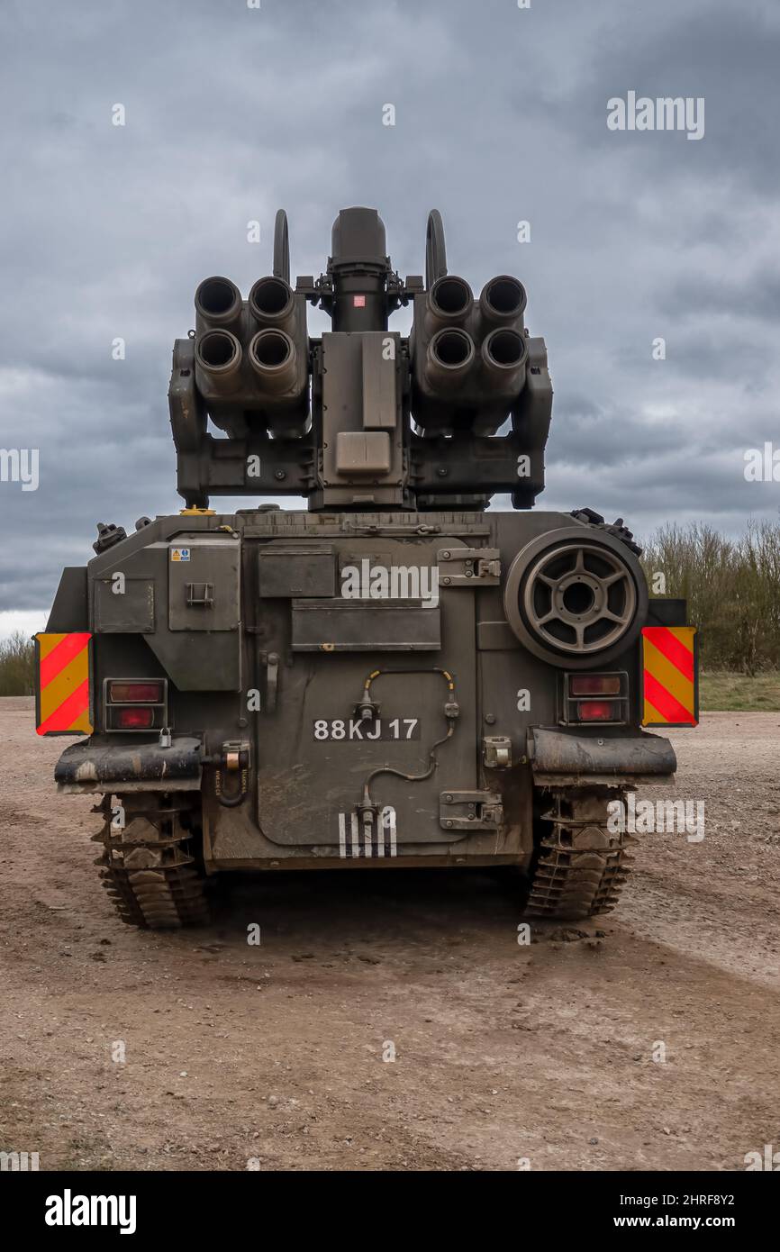 British Army Alvis Stormer Starstreak CVR-T tracked armoured vehicle equipped with short range air defense high-velocity missile system in action on a Stock Photo