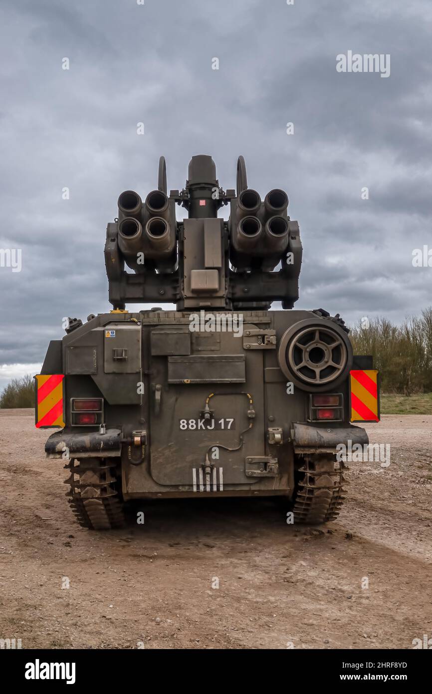 British Army Alvis Stormer Starstreak CVR-T tracked armoured vehicle equipped with short range air defense high-velocity missile system in action on a Stock Photo