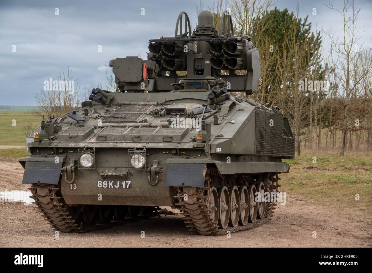 British Army Alvis Stormer Starstreak CVR-T tracked armoured vehicle equipped with short range air defense high-velocity missile system in action on a Stock Photo