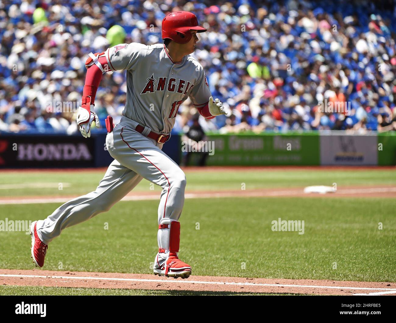 Los Angeles Angels designated hitter Shohei Ohtani (17) hits a double ...