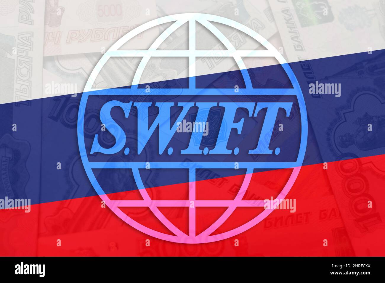 Swift payment system and Russian flag. Economic and financial banking sanctions for Russia. Stock Photo