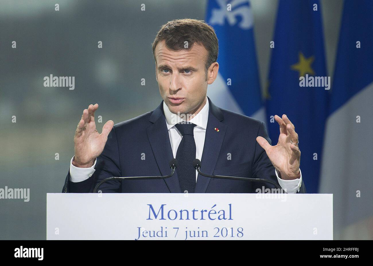French President Emmanuel Macron speaks during a news conference in  Montreal, Thursday, June 7, 2018. THE CANADIAN PRESS/Graham Hughes Stock  Photo - Alamy