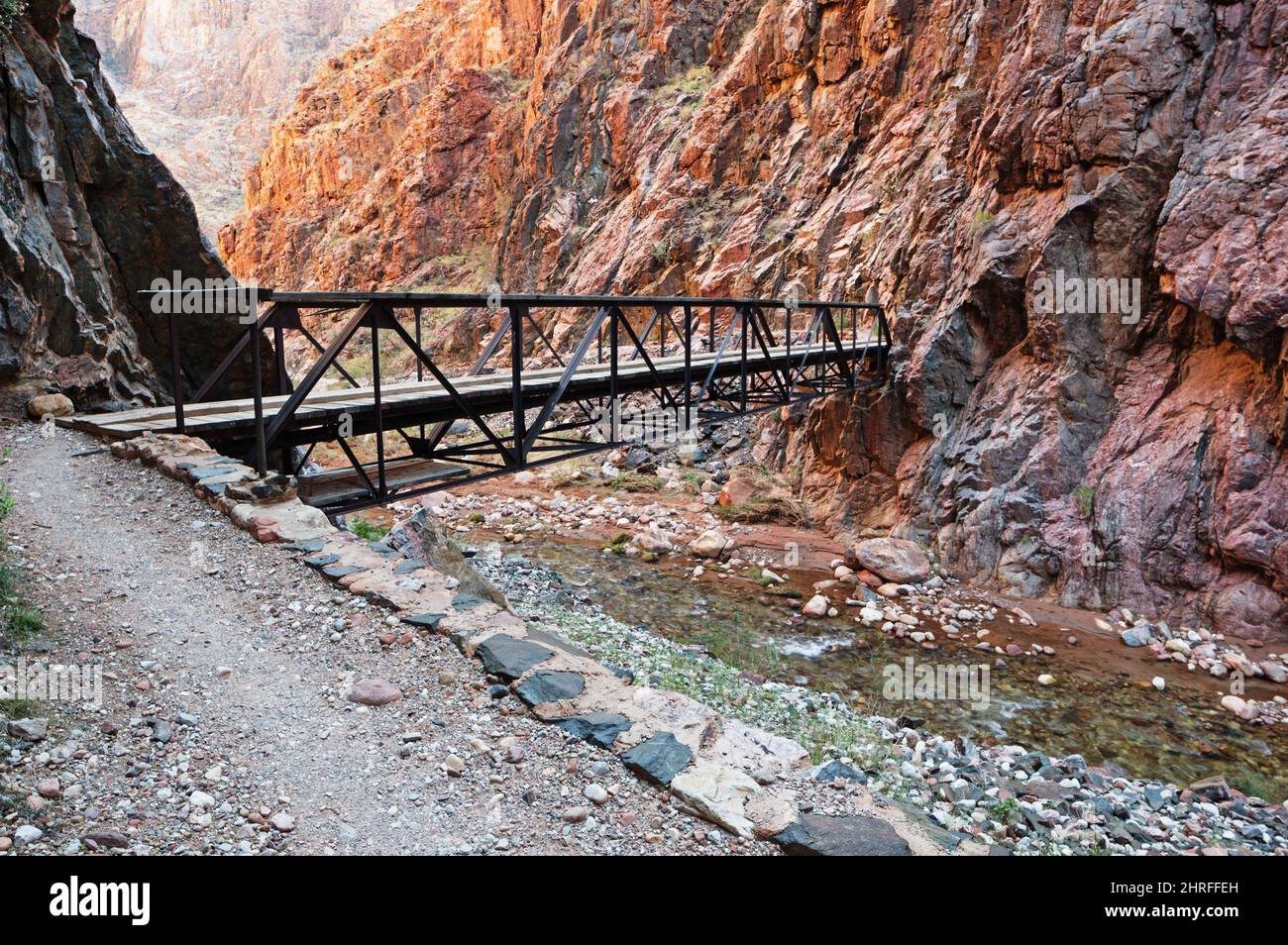 North Kaibab Trail bridge over Bright Angel Creek In Grand Canyon National Park Stock Photo