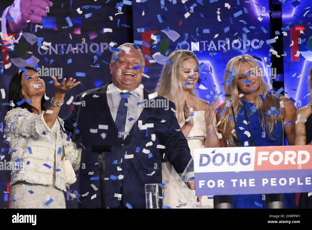 Ontario PC leader Doug Ford reacts with his family after winning the