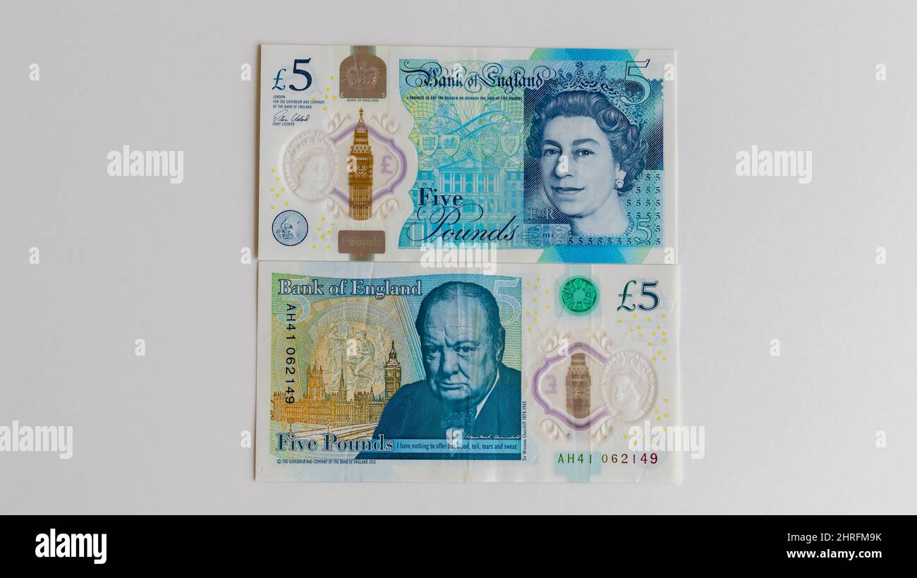 Bank of England £5 fiver note with both front and back side Stock Photo