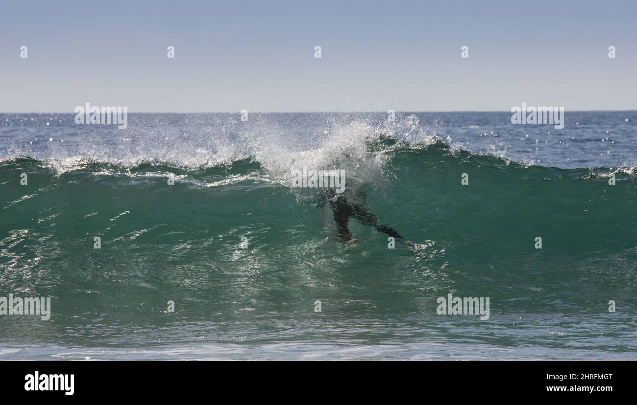 Body boarding in surf, Cornwall.  Boarder visible through the breaking wave. Stock Photo