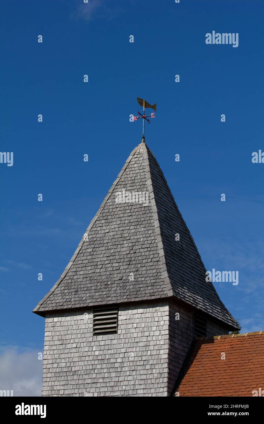 Steeple of St Mary the Virgin church within the walls of the Roman town of Calleva.  Dating in part from the 12th cent. On the site of Roman temples. Stock Photo