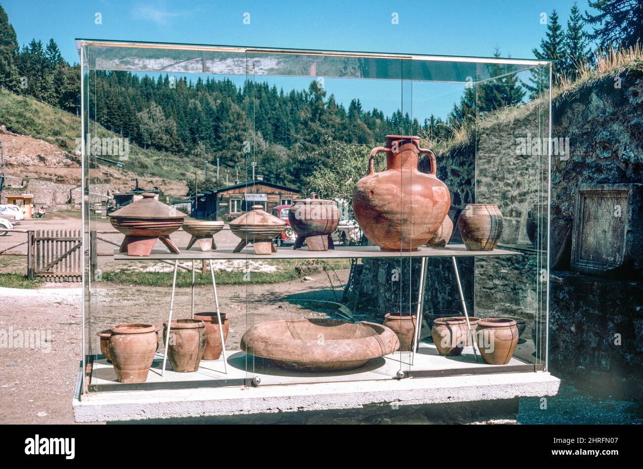 Claudium Virunum - Roman city ruins in the province of Noricum, on the hilltop of Magdalensberg, Carinthia in Austria. Pottery. Archival scan from a slide. September 1969. Stock Photo