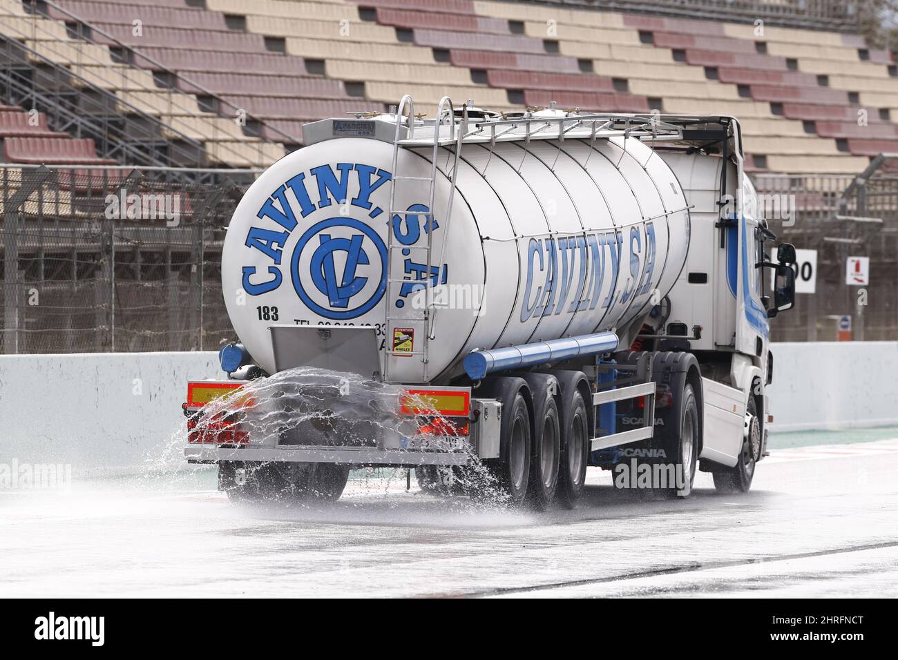 Barcelona, Spain. 25th Feb, 2022. trucks putting watrer on the track to simulate pirelli wet tyres testing during the pre-season track session prior the 2022 FIA Formula One World Championship, on the Circuit de Barcelona-Catalunya, from February 23 to 25, 2022 in Montmelo, near Barcelona, Spain - Photo: Dppi/DPPI/LiveMedia Credit: Independent Photo Agency/Alamy Live News Stock Photo