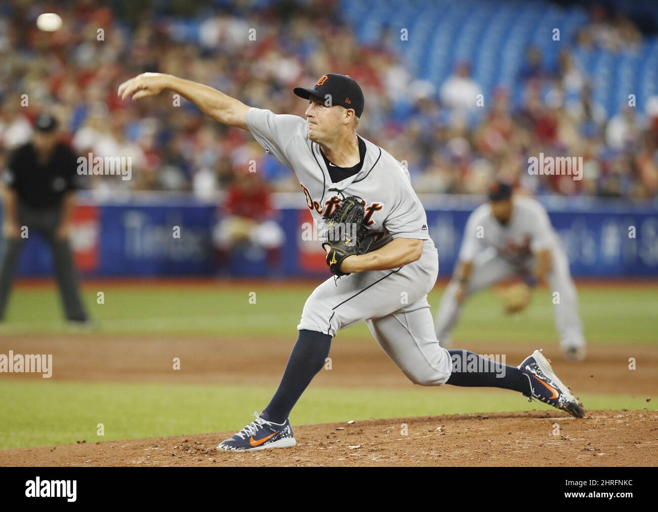 Detroit Tigers pitcher Jordan Zimmermann pitches against the Toronto Blue Jays during the second inning of MLB baseball action in Toronto, Sunday July 1, 2018. THE CANADIAN PRESS/Mark Blinch Stock Photo