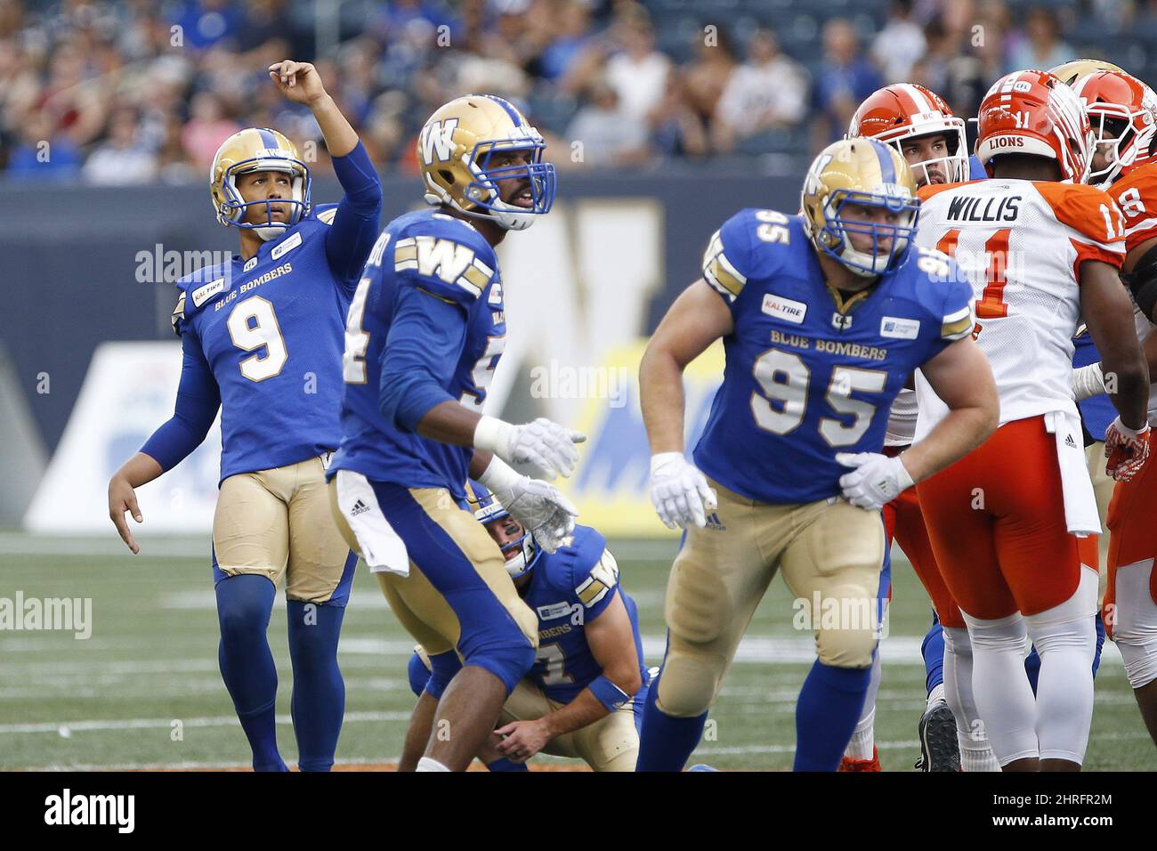 Winnipeg Blue Bombers' Justin Medlock (9) celebrates his goal kick ...