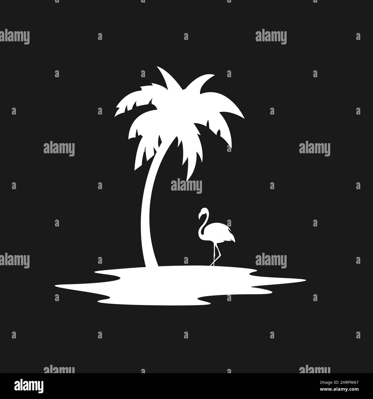 Retrowave silhouette of the island with palm tree and flamingo. Synthwave black and white flamingos and palm tree, 1980s aesthetics. Design element Stock Vector