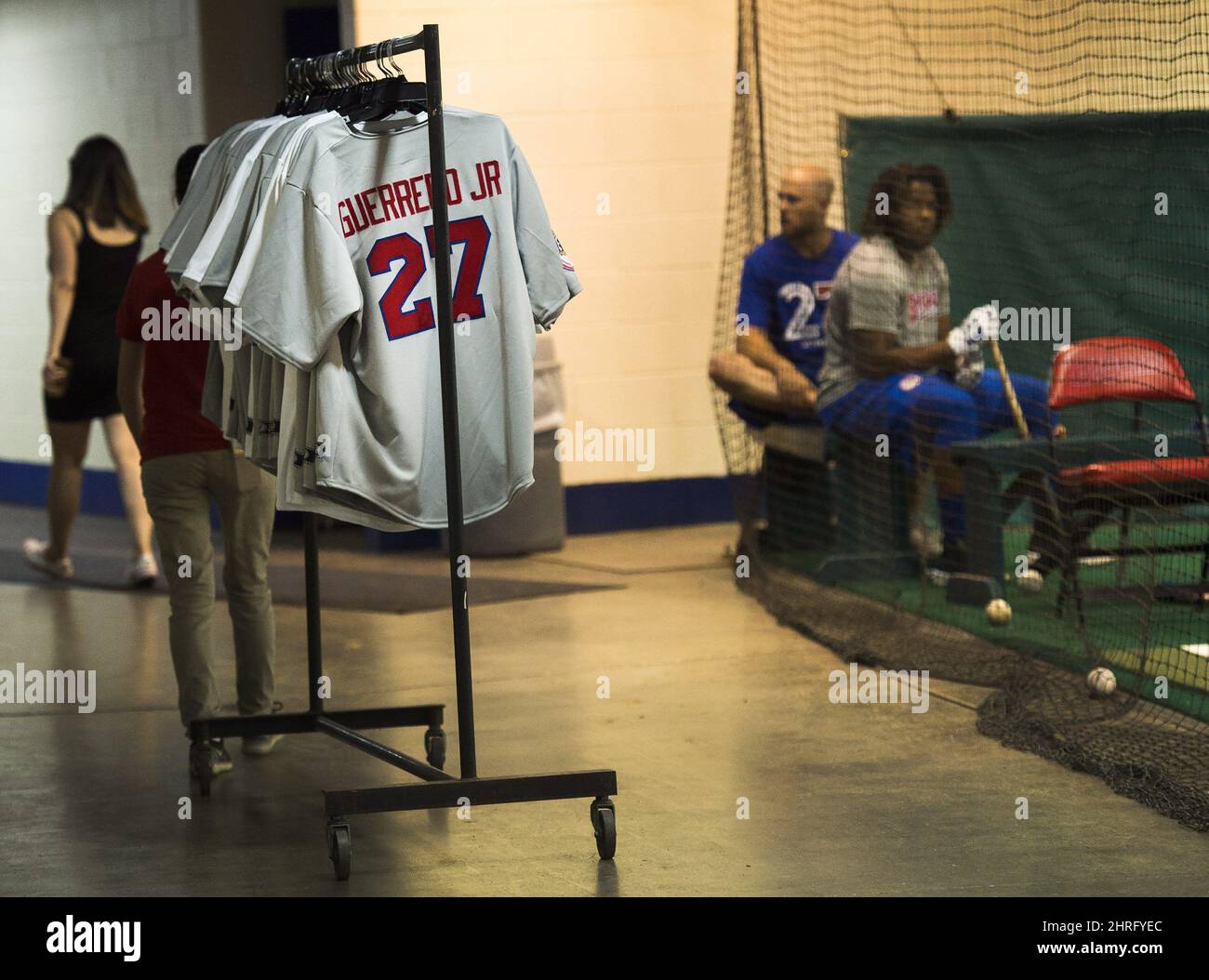 Buffalo Bisons third baseman Vladimir Guerrero Jr., right, looks