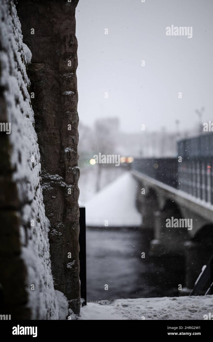 Gray hazy view of the exposure of the Narva Ivangorod bridge at the