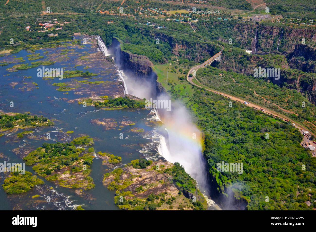 Aerial view with rainbow at Victoria falls, Zambia, Zimbabwe, Africa Stock Photo