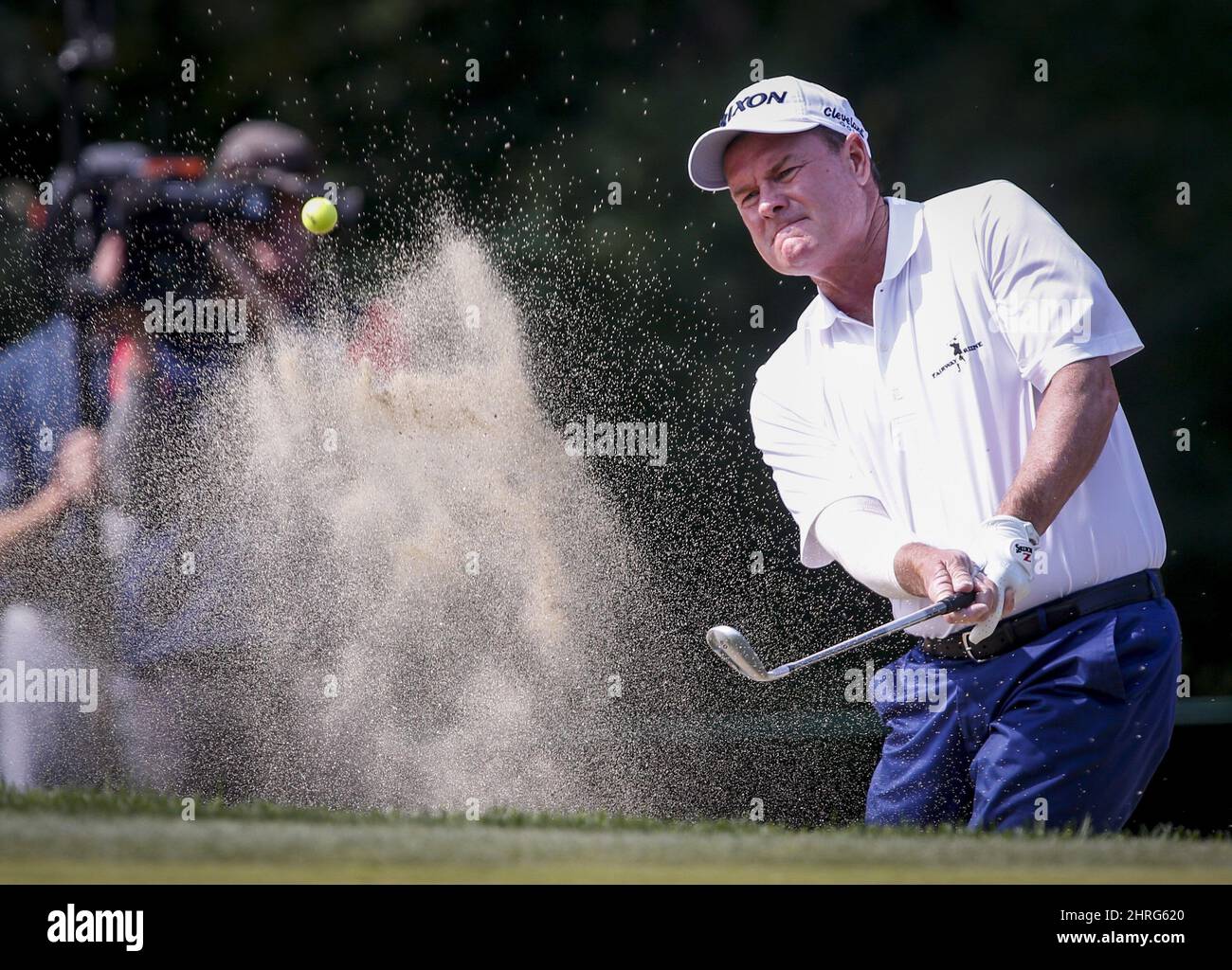 Joe Durant, of the United States, hits from a sand trap on the seventh hole during the final round of the PGA Tour Champions Shaw Charity Classic golf event in Calgary, Alta.,