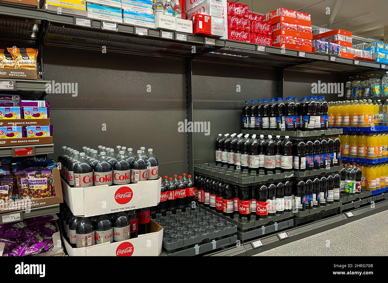 London, UK 25 Feb 2022 - Soft drink on display in a supermarket. There are fears of higher-than-expected food price rises and and inflation could hit 8.2% as Russia invades Ukraine.  Credit Dinendra Haria /Alamy Live News Stock Photo