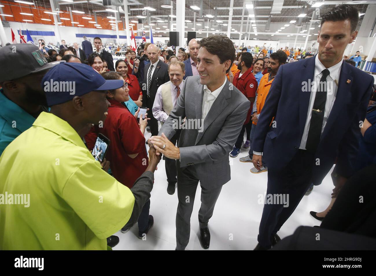 Prime Minister Justin Trudeau meets employees during a brief tour of a new  700 employee Canada Goose manufacturing facility in Winnipeg, Manitoba  Tuesday, September 11, 2018. THE CANADIAN PRESS/John Woods Stock Photo -  Alamy