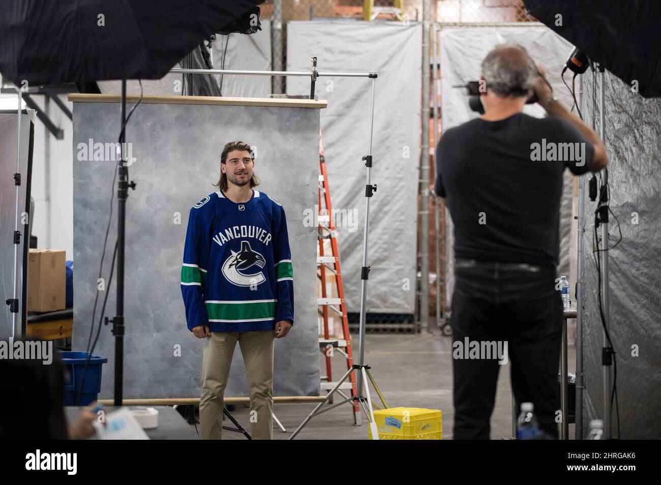 Vancouver Canucks defenceman Chris Tanev poses for his official headshot by team photographer Jeff Vinnick ahead of the NHL hockey team's training camp, in Vancouver, on Thursday September 13, 2018. THE CANADIAN PRESS/Darryl Dyck Stock Photo