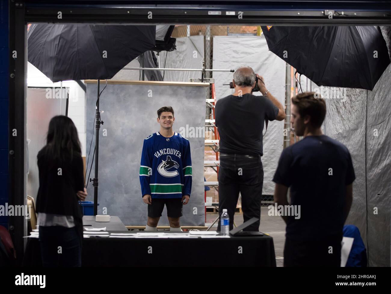 Vancouver Canucks goalie Michael DiPietro poses for his official headshot by team photographer Jeff Vinnick ahead of the NHL hockey team's training camp, in Vancouver, on Thursday September 13, 2018. THE CANADIAN PRESS/Darryl Dyck Stock Photo