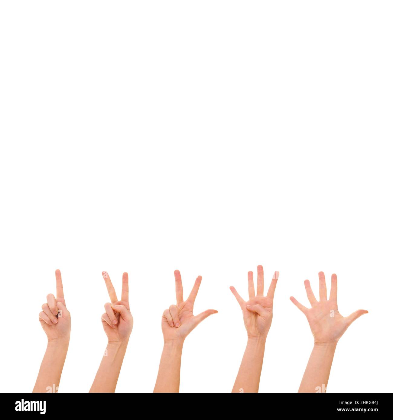 Count till five. Cropped shot of hands isolated on white. Stock Photo