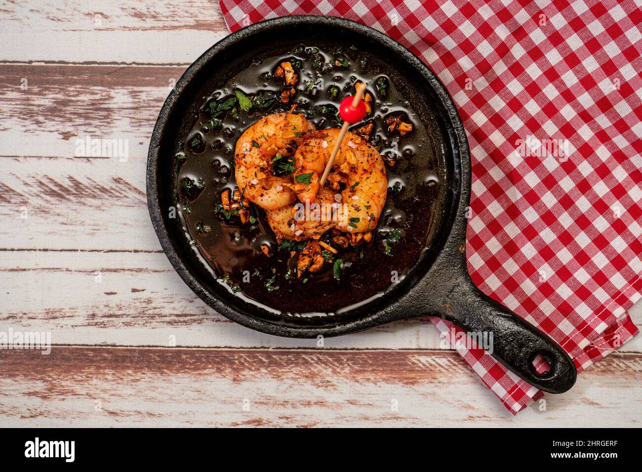 Traditional Spanish dish, typical Mediterranean tapas. Prawns with