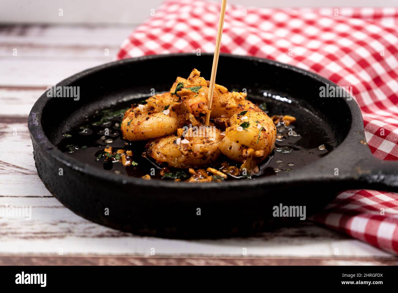 Traditional Spanish dish, typical Mediterranean tapas. Prawns with
