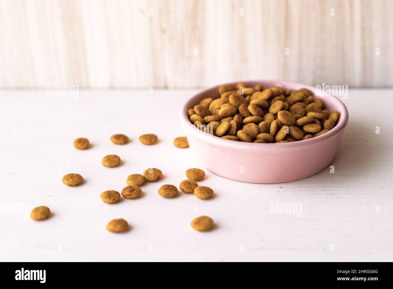 Pet dry food full pink bowl on white background. Dog cat diet concept. Close up. Text copy space. Stock Photo