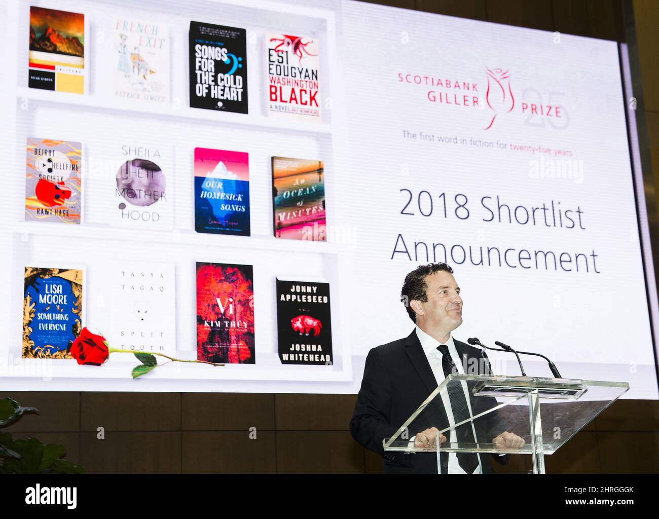 Canadian comedian Rick Mercer speaks during the announcement for the 2018 Scotiabank Giller Prize Shortlist in Toronto on Monday, October 1, 2018. Mercer will host the awards. THE CANADIAN PRESS/Nathan Denette Stock Photo