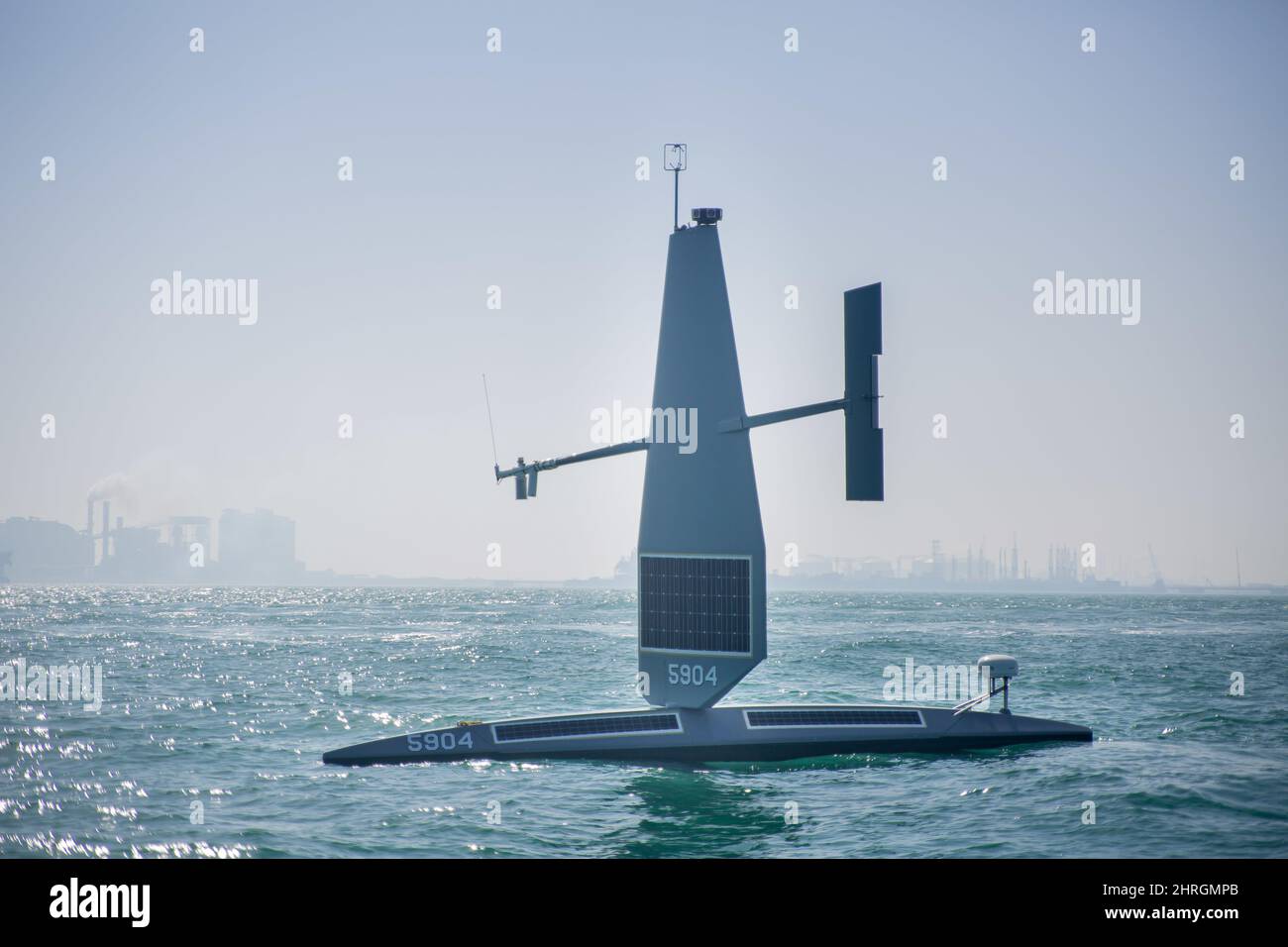 A U.S. Navy Saildrone Explorer unmanned surface vessel remotely sails in the Arabian Gulf January 27, 2022 off the coast of Bahrain. U.S. Naval Forces Central Command began operationally testing the USV as part of an initiative to integrate new unmanned systems and  into U.S. 5th Fleet operations. Stock Photo