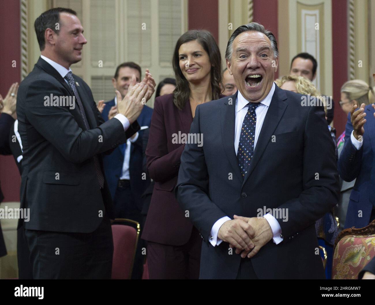 Quebec Premier Francois Legault, Right, Reacts After He And His Cabinet ...