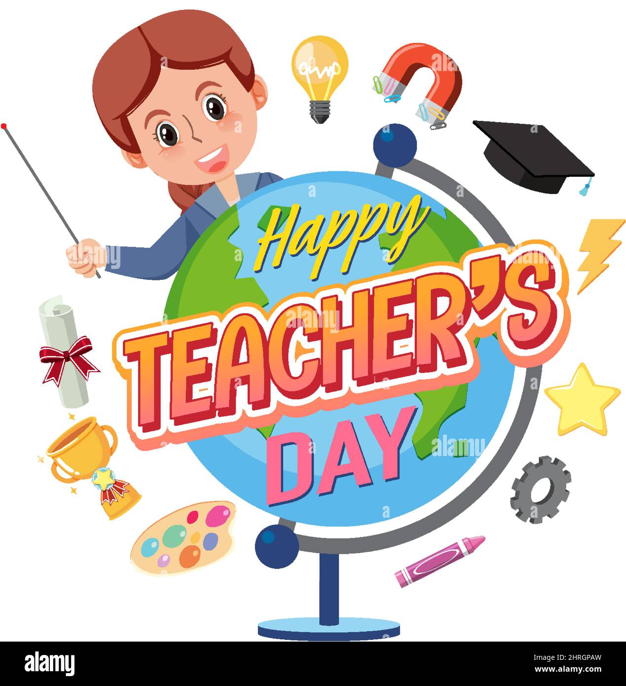 Happy Teacher's Day with a female teacher and school objects ...