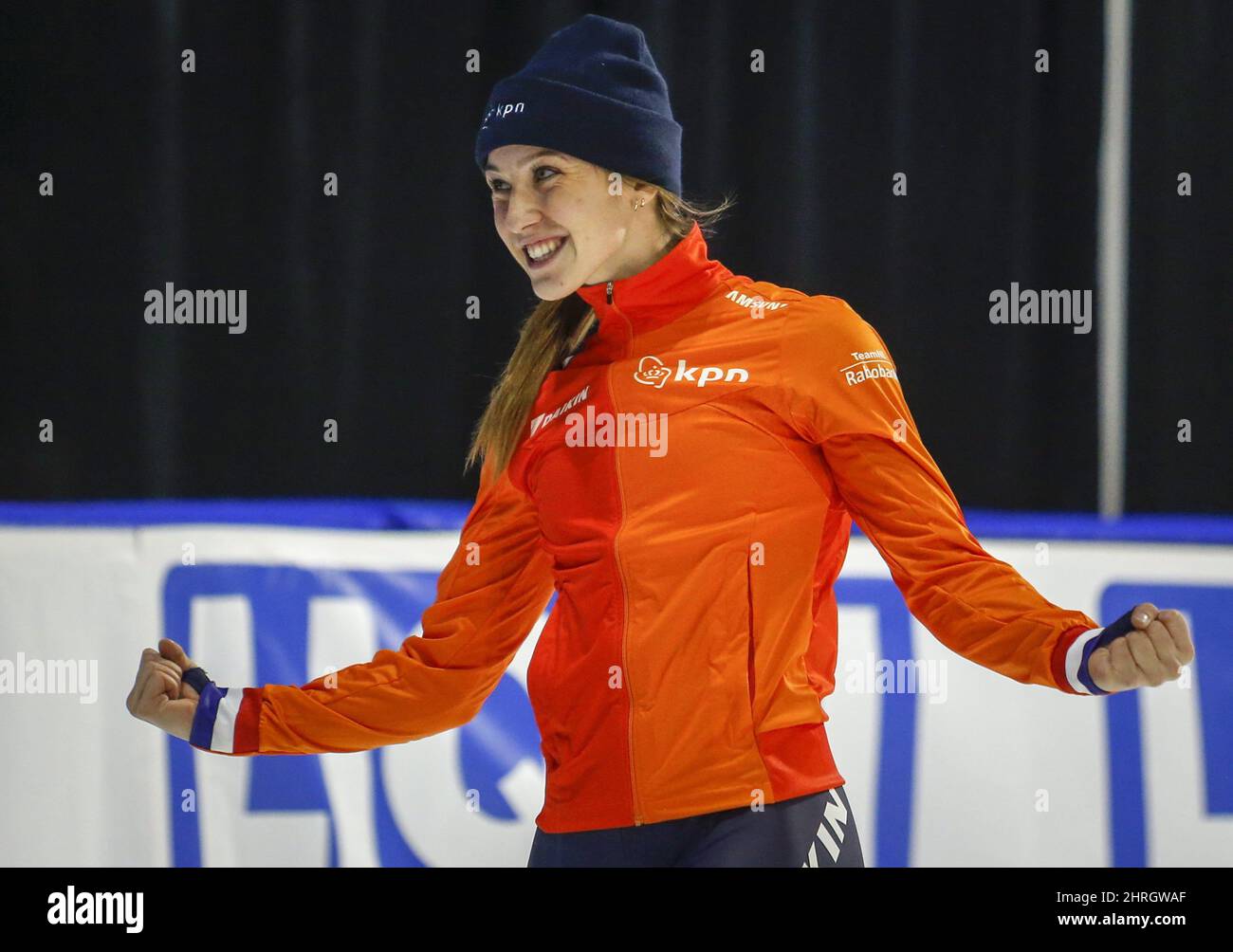 Hollandâ€™s Suzanne Schulting celebrates her victory following the