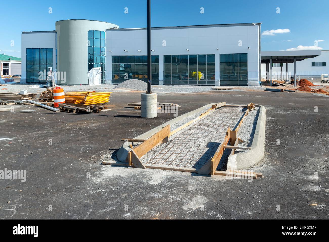 Horizontal shot of a parking lot island mold ready to have concrete poured into it. Stock Photo