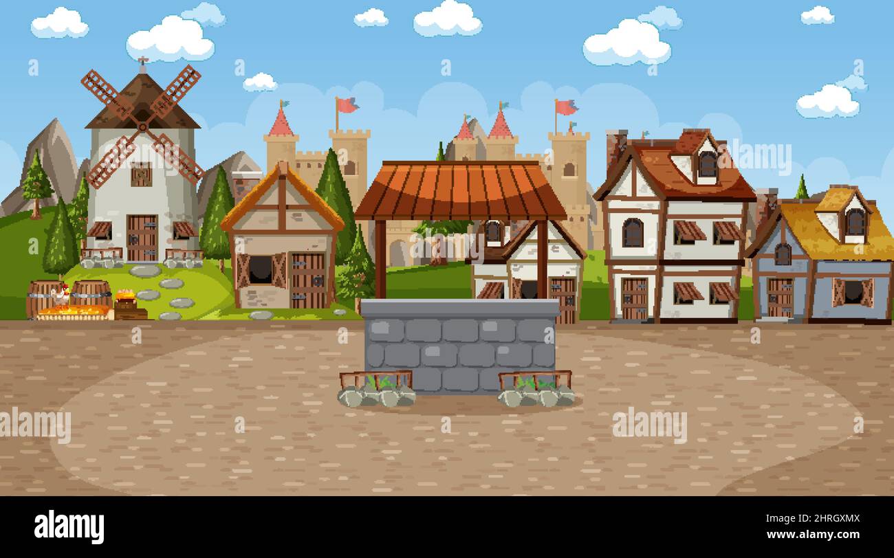 Medieval town scene with villagers illustration Stock Vector Image ...